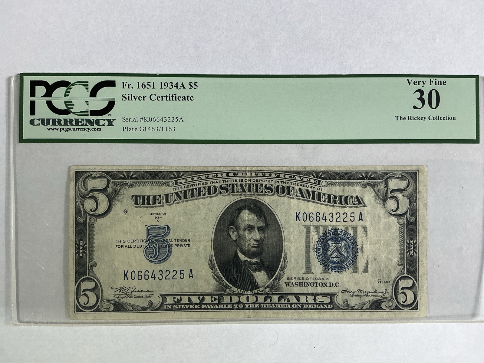 $5 1934A Five Dollar PCGS 30 VF The Rickey Collection Blue Seal Fr.1651