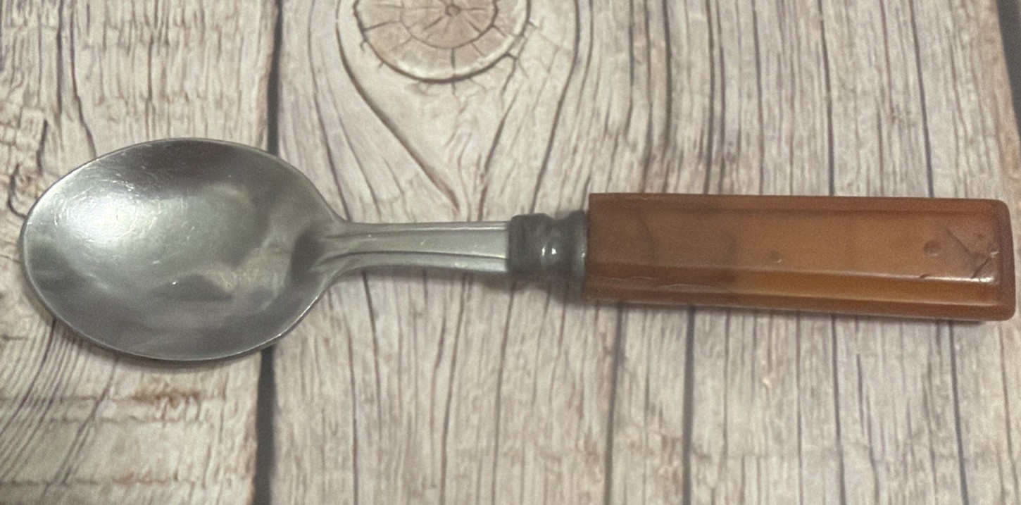 Vintage Bakelite Children’s Spoon (Brown Butterscotch) 4.75” Stainless Steel