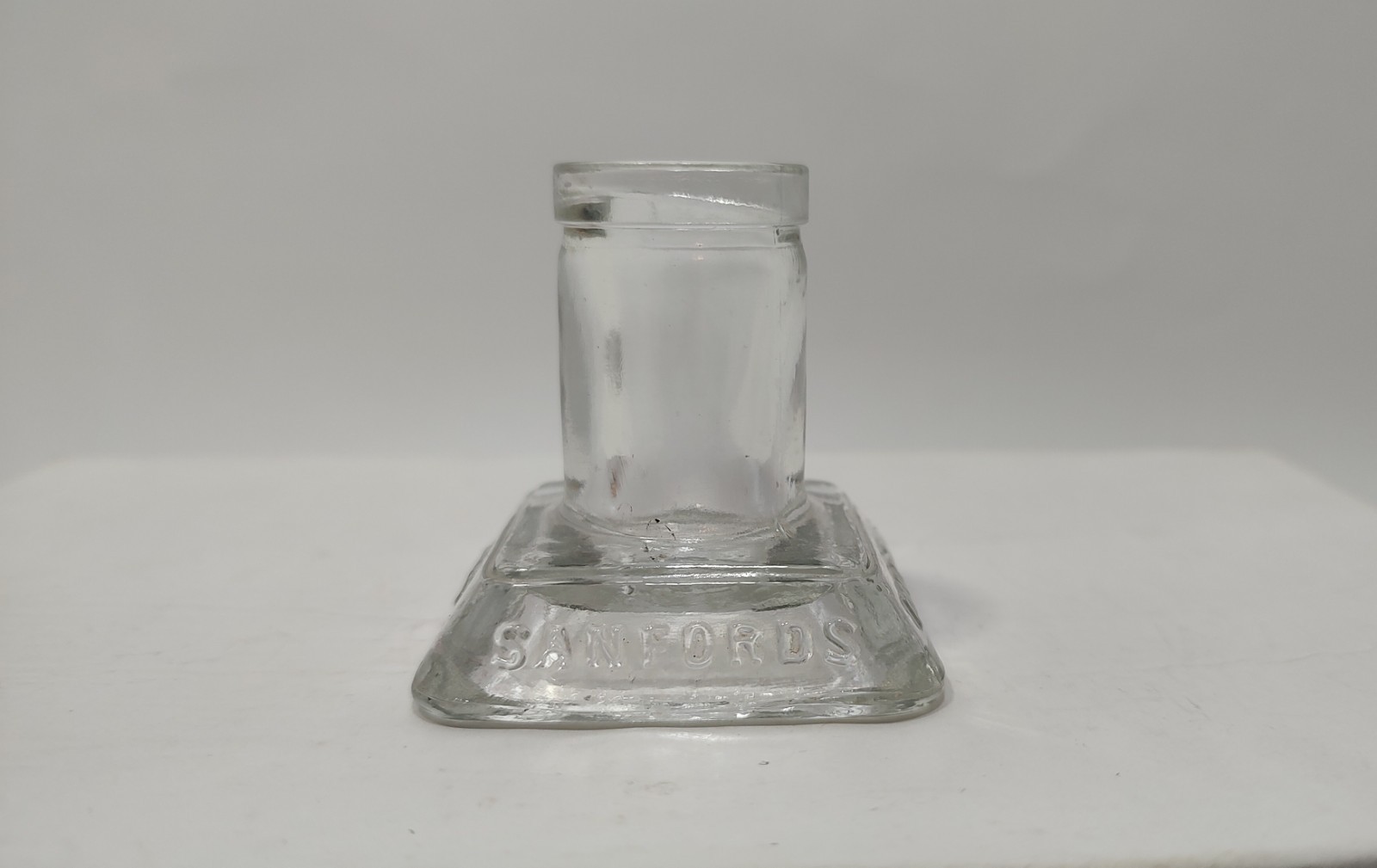 Vintage Advertising Sanfords Fountain Pen Ink Square Base Clear Glass Ink Well