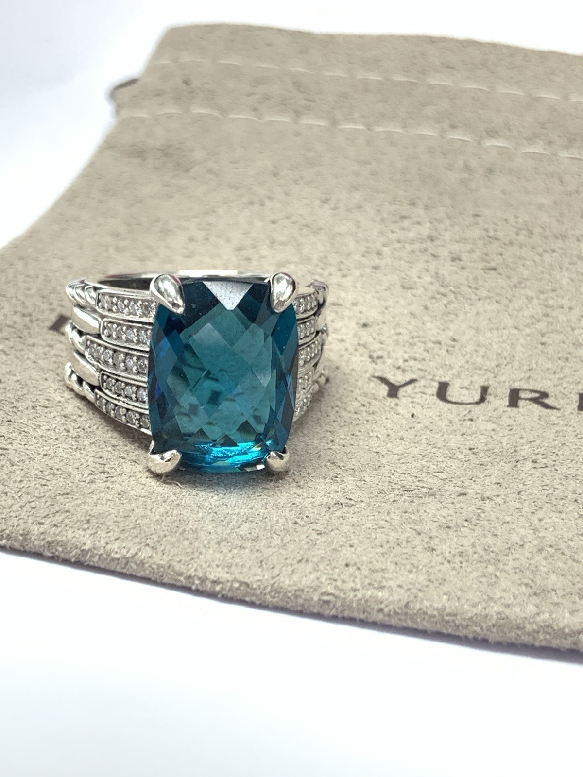 David Yurman Sterling Silver Tides 16x12mm Hampton Blue  & Diamond Ring Size 7