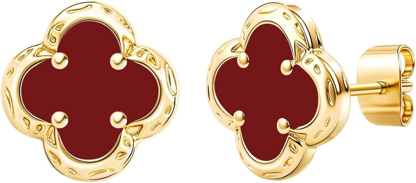 Elegant Black Onyx Clover Stud Earrings, 14K Gold Plated Four Leaf Hypoallergein