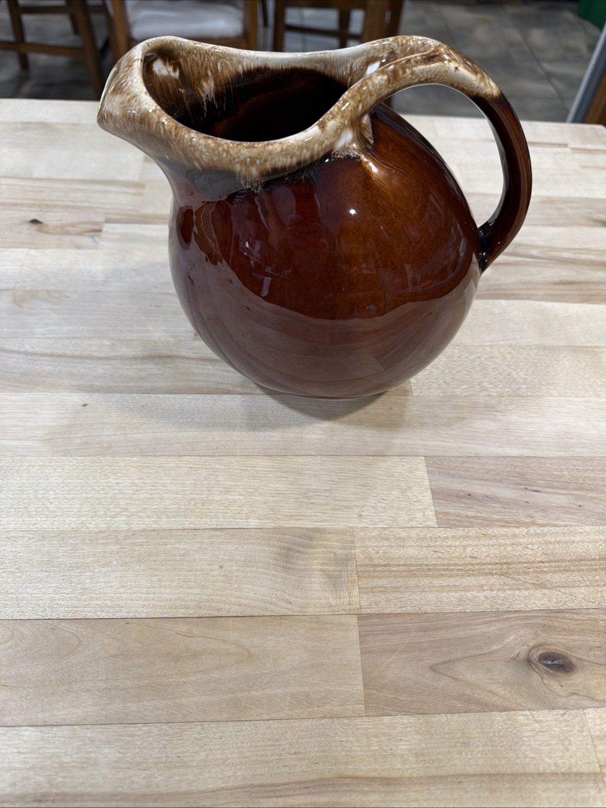 Vintage Hull Oven Proof USA Brown Drip Glaze Ball Pitcher with Ice Lip