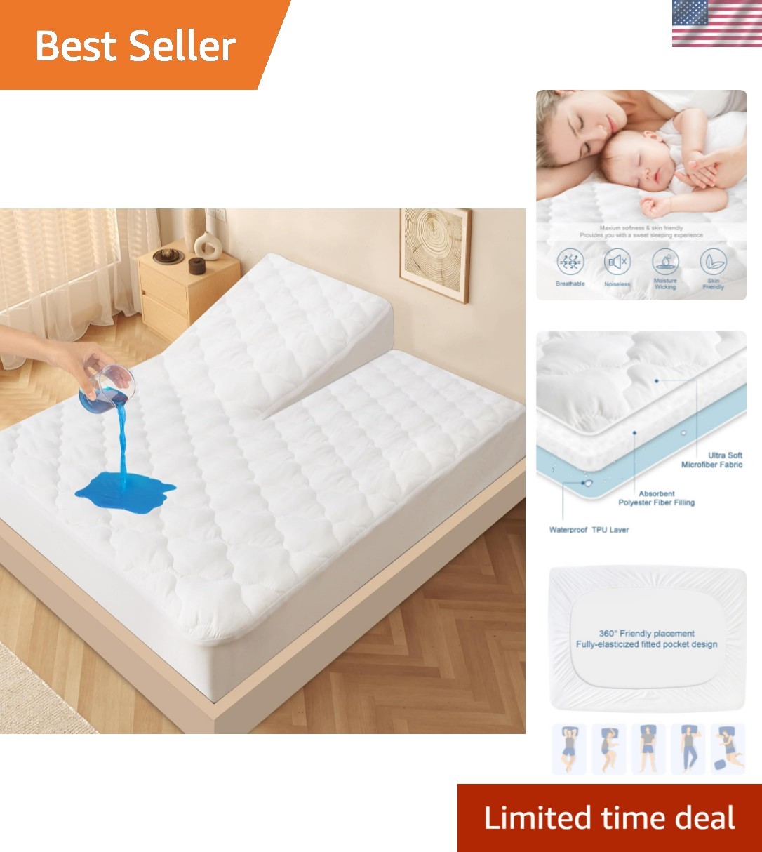 Split Top King Mattress Protector Pad Waterproof Quilted, 34" Top Split from ...