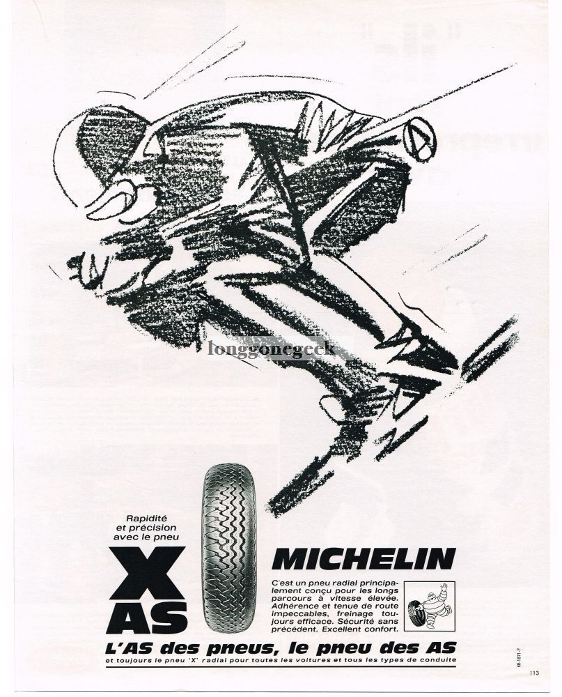 1968 Michelin Tires Snow Skiing Racing art French VINTAGE Print Ad