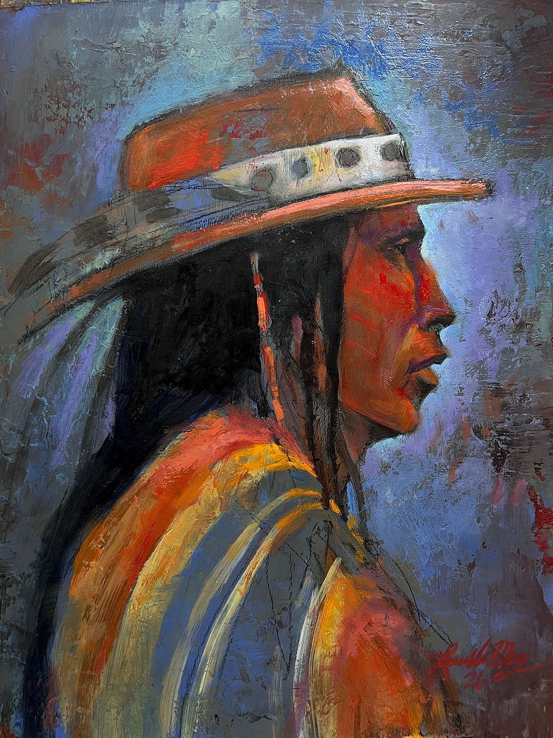 Original Oil painting Native American Portrait Southwestern Blanket Bright Hat