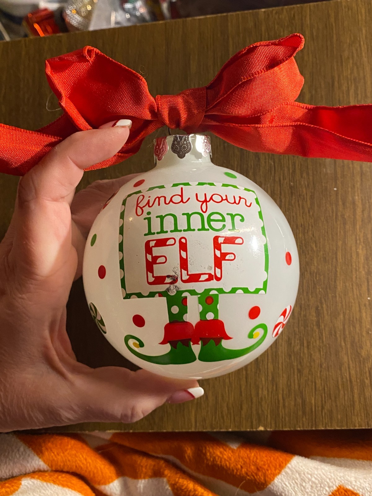 Blown Glass FIND YOUR INNER ELF BALL Christmas Ornament 3.5"