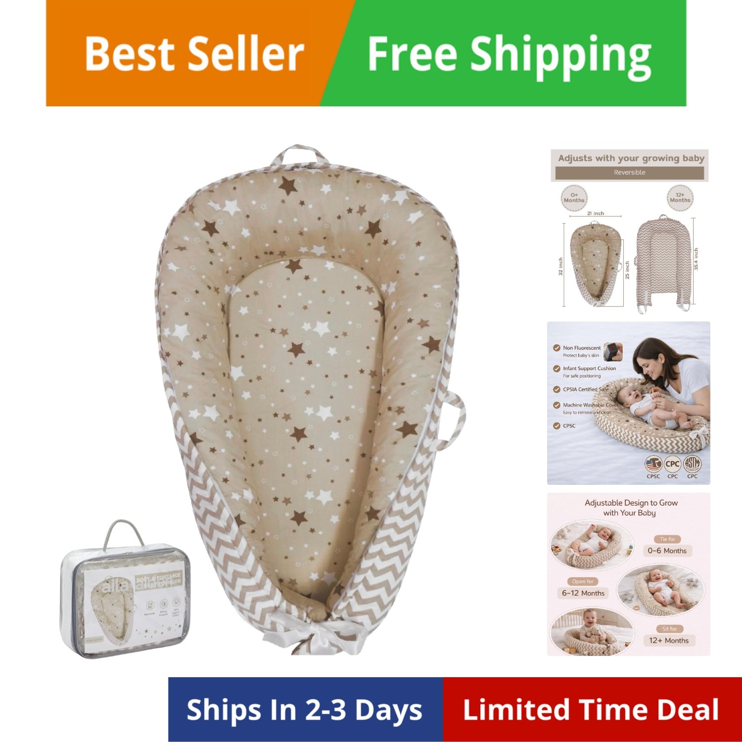 Baby Lounger | Organic Cotton Infant Lounger | Reversible, Adjustable & Porta...