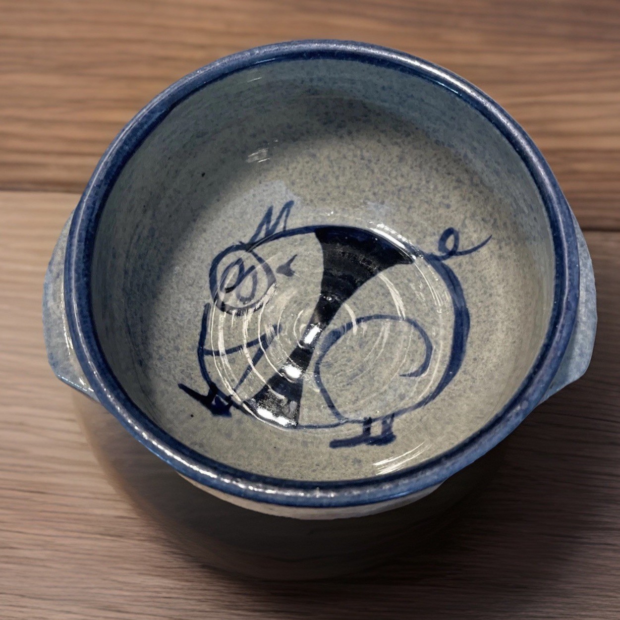 Rinny Staber NY Pig Clover Salt Glaze Chili Folk Art Pottery Bowl with Handles