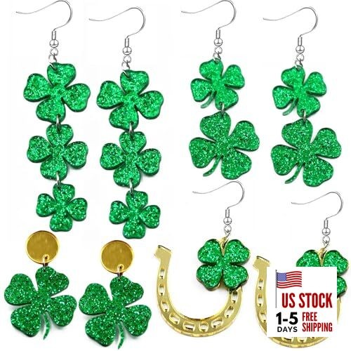 4 Pairs St. Patrick's Day Earrings for Women, Green Clover Irish Shamrock 