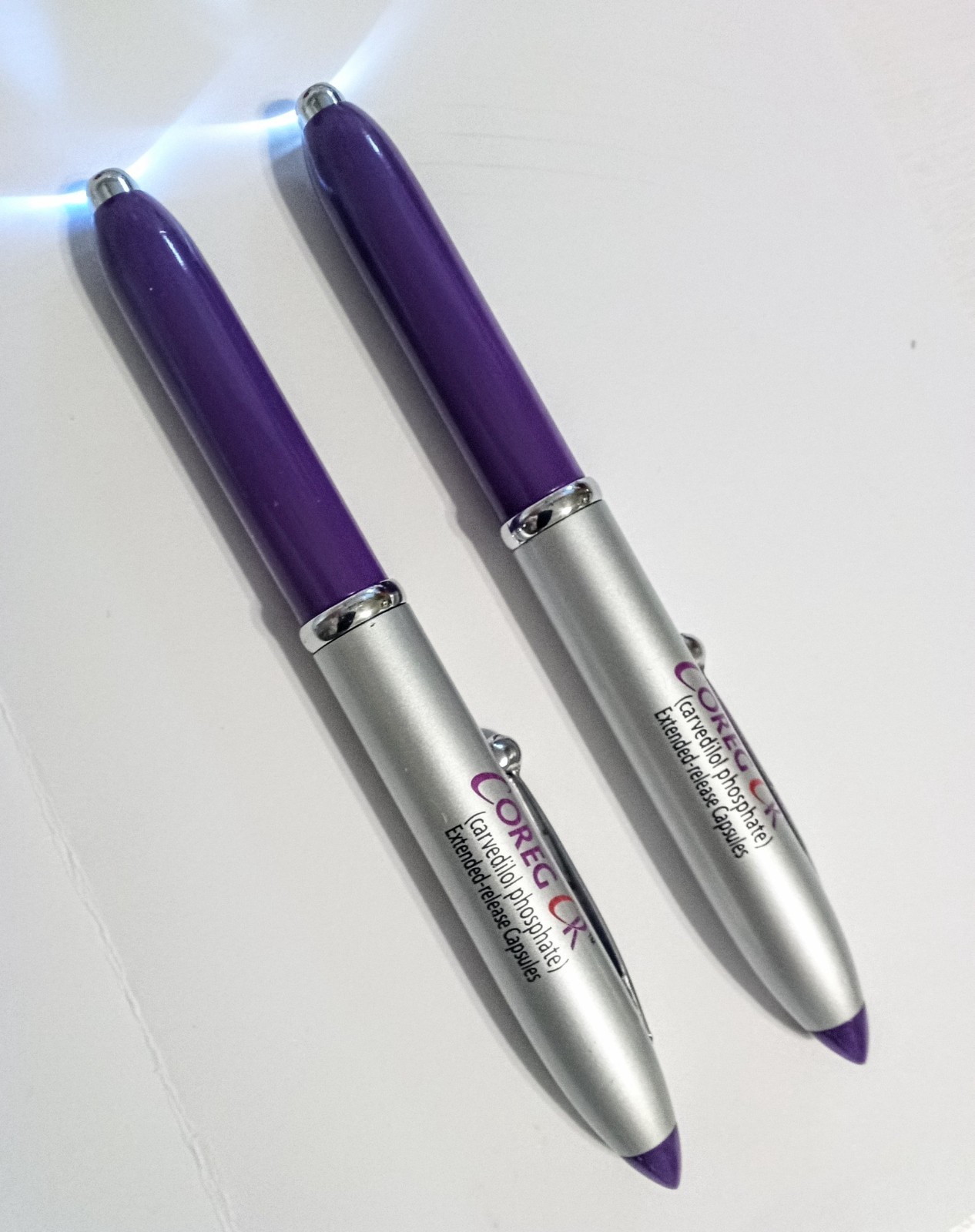 Lot 2 Coreg Metal Drug Rep Pen & Lite Pharmaceutical Pharma Medical Promo Write