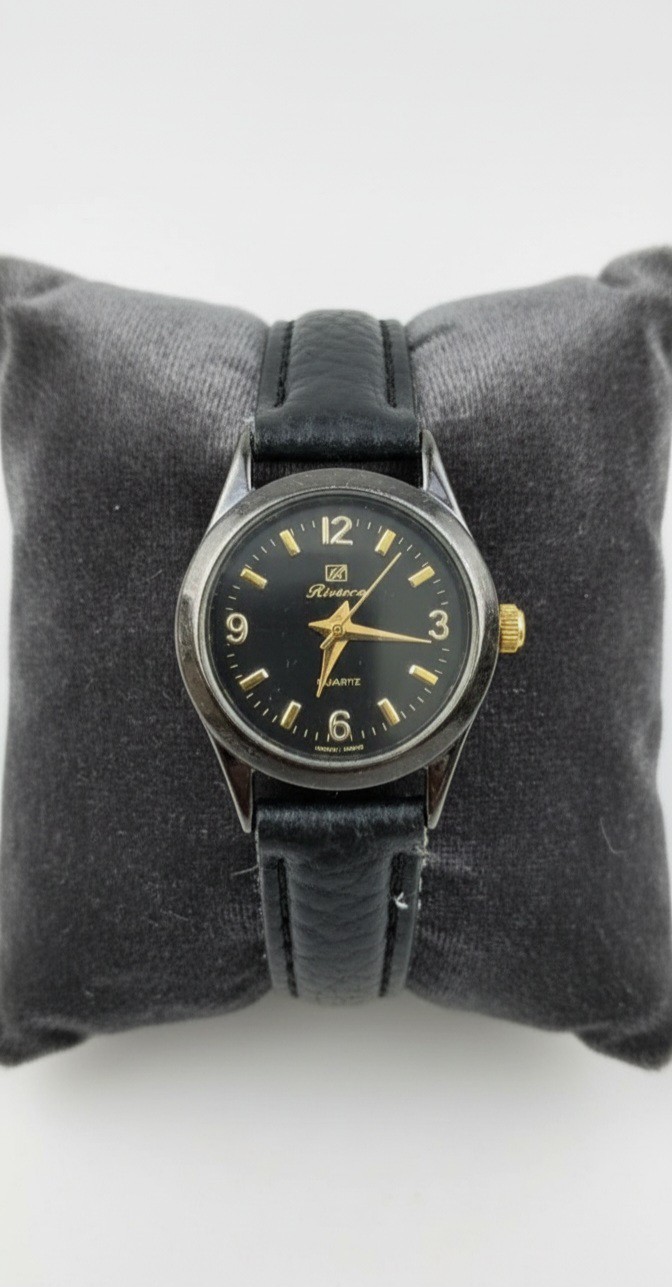 Vintage Riviera Ladies Watch 23mm Black Dial Gold Tone Quartz - RUNNING