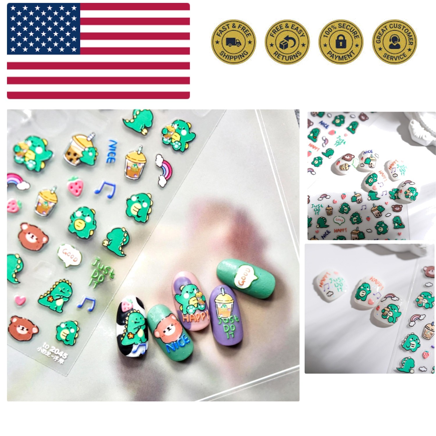 5D Embossed Cute Dinosaur Nail Art Stickers Cartoon Kawaii Design Anime Self ...
