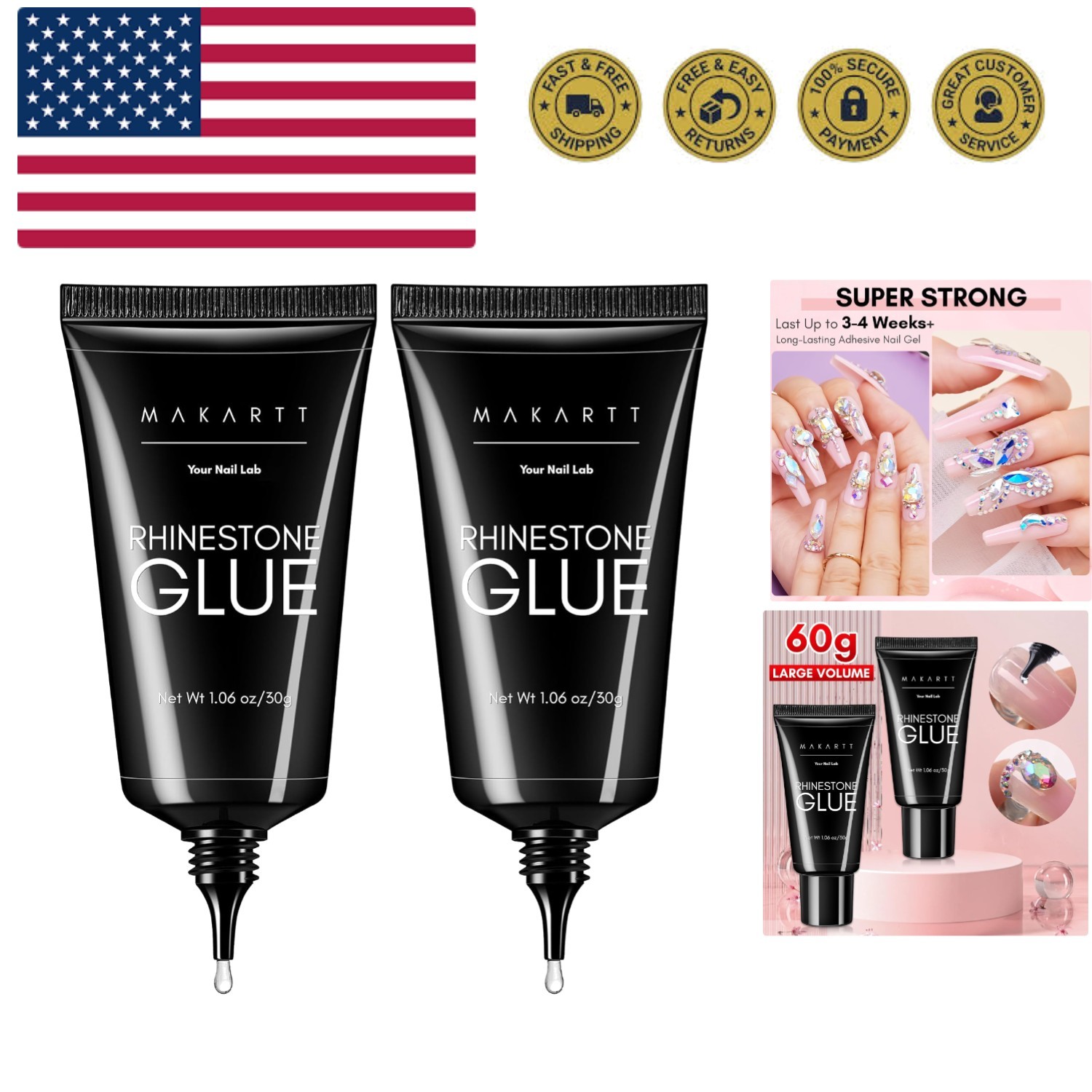 Nail Rhinestone Glue for Nails- 60ML Super Strong Gel Glue for Rhinestones, 3...