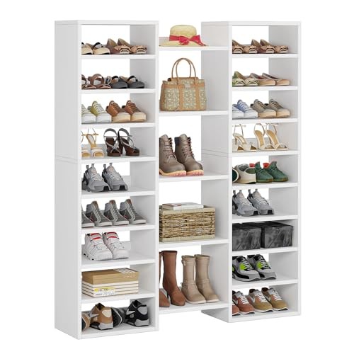  14-Tier Shoe Rack, Freestanding Tall Shoe Shelf, White Wooden Shoe Storage 