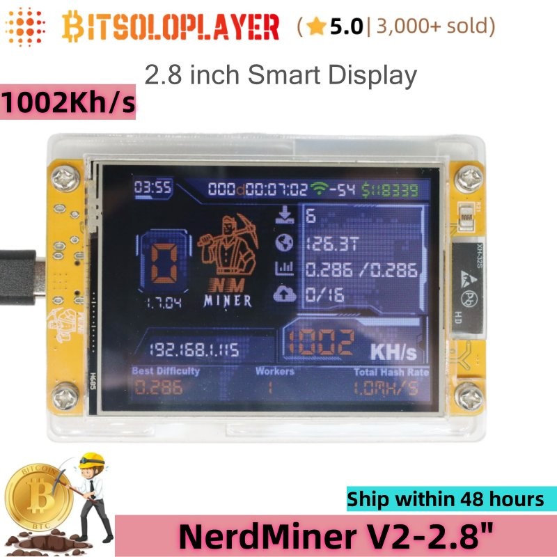 2.8 inch NerdMiner V2-2.8" BTC Solo Miner 1002Kh/s Bitcoin Mining Lotto Machine