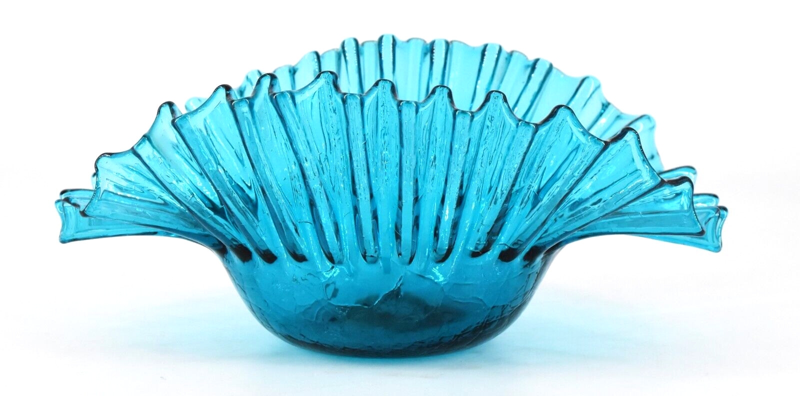 Vintage Blenko Art Glass 5428 Turquoise Crackle Crimped Bowl Husted MCM Design