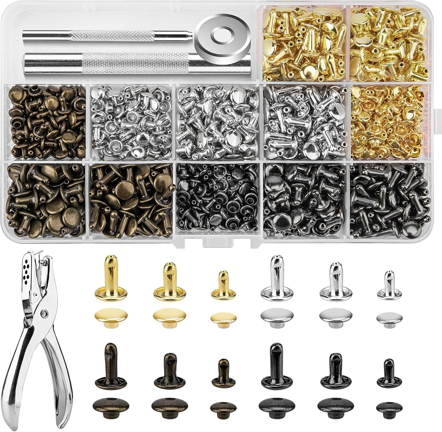 480 Sets Rivets for Leather, 4 Colors 3 Sizes Leather Rivets Kit, Double Cap Riv