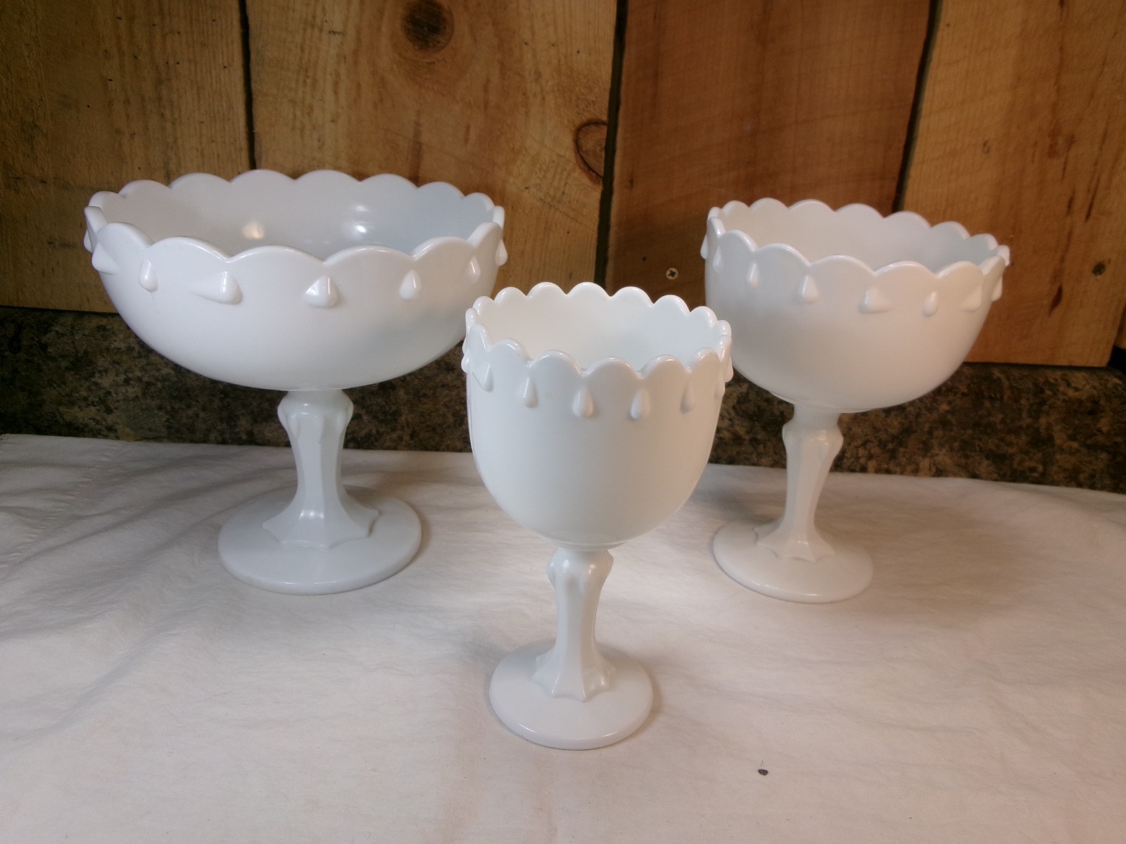 Set of 3 Vintage Indiana Milk Glass Tear Drop Stackable Pedestal Compote Dishes