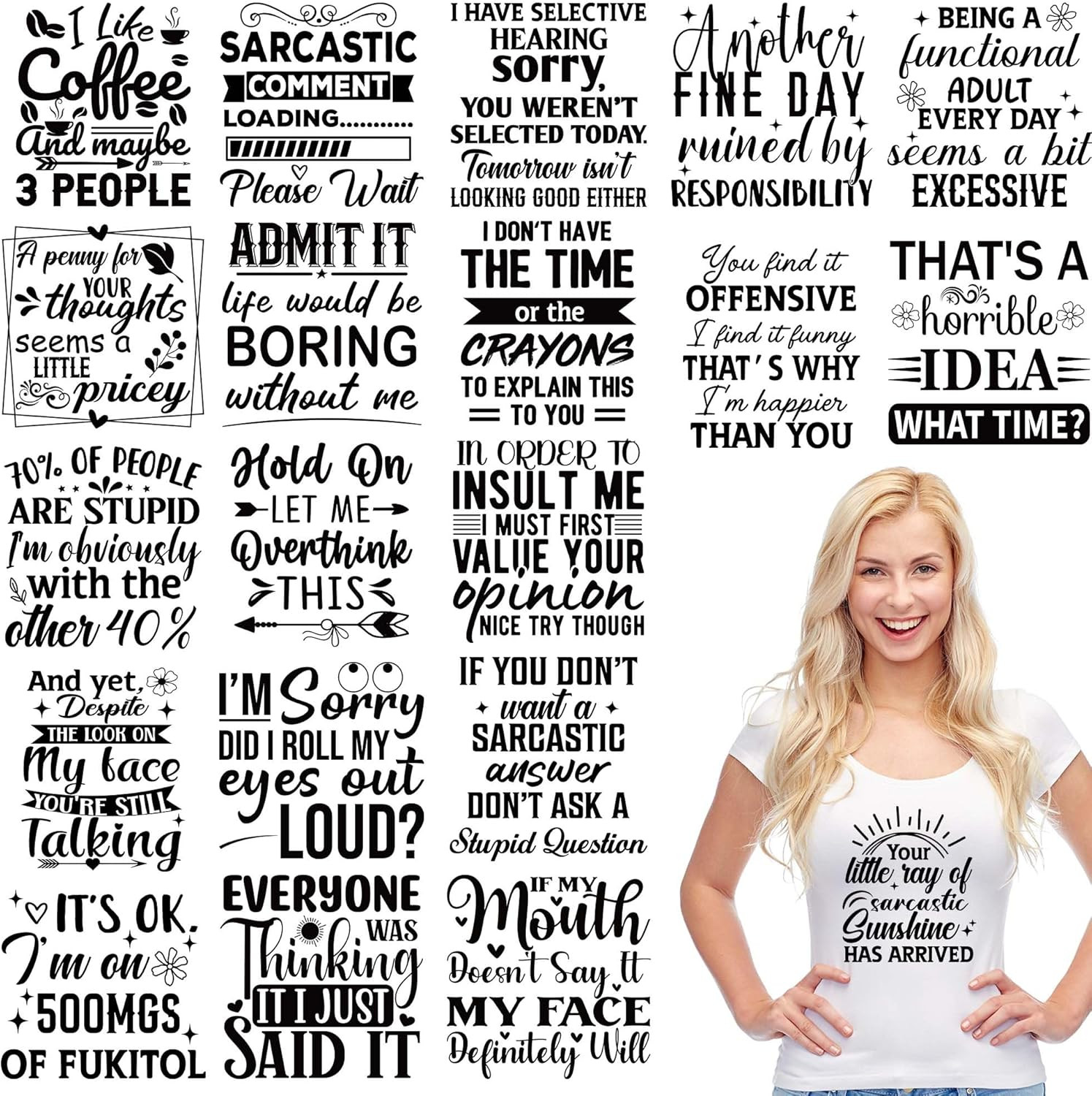 20 Sheets Sarcastic Quotes Iron on Transfers for T-Shirts, Funny DTF Transfers R