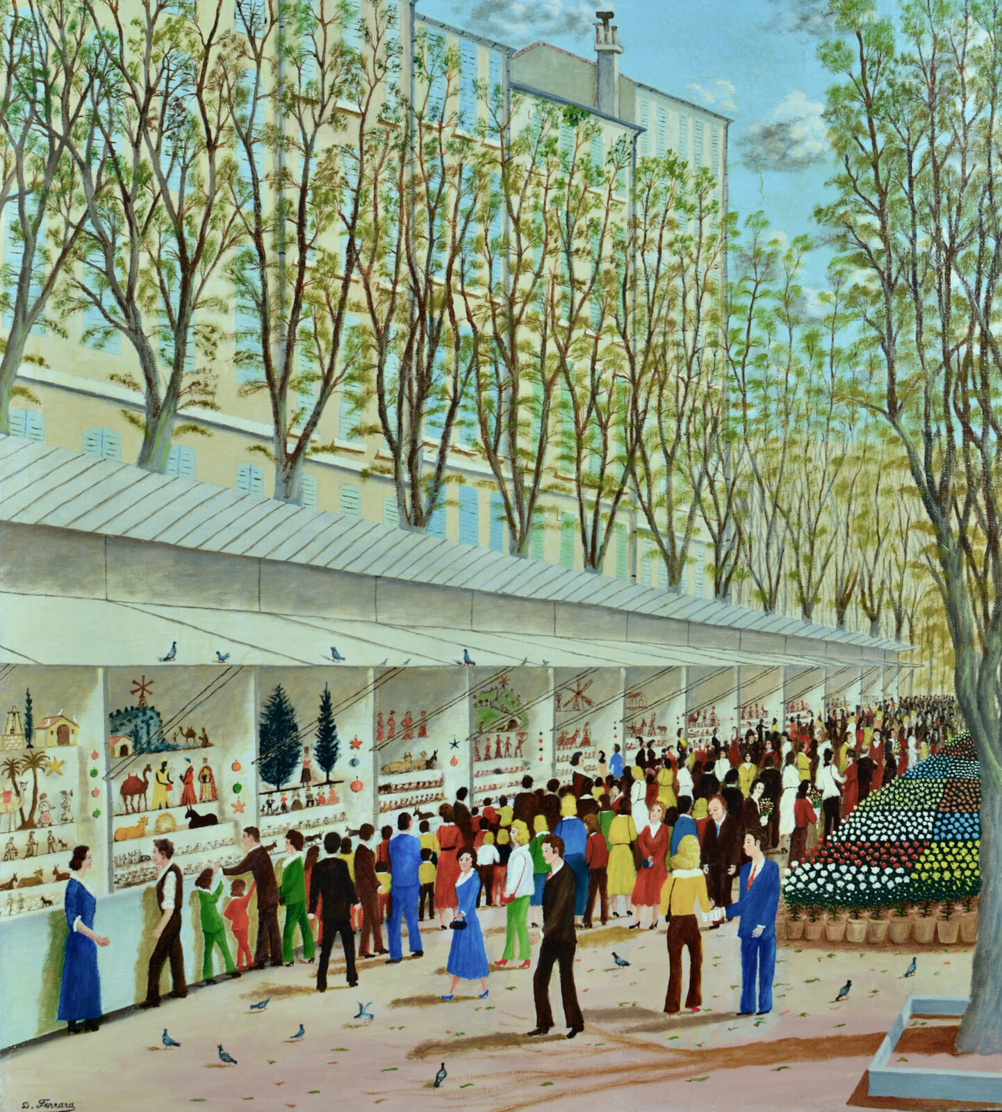 Painting Antique Naif Daniel Ferrara The Market Aux Santones Marseille Rack 20th