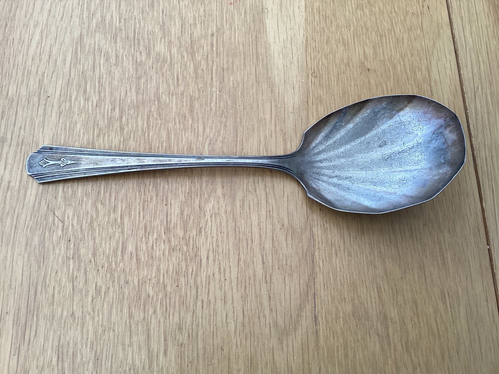 Vintage Silver Plate scalloped Serving Spoon marked Dorchester plate #K26