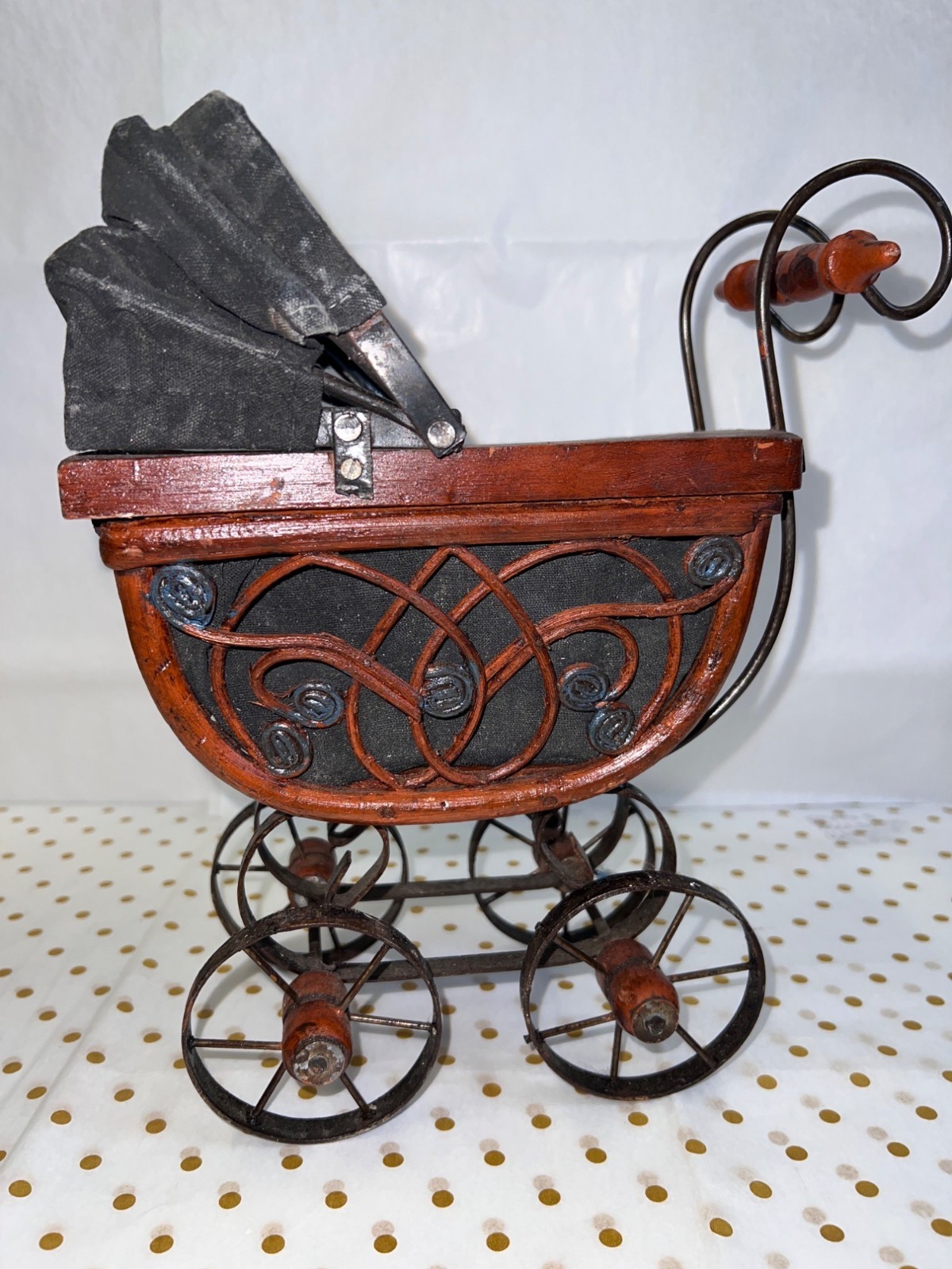 Vintage Miniature Style Baby Carriage Pram Wire Spoke Wheels Black Fabric Canopy