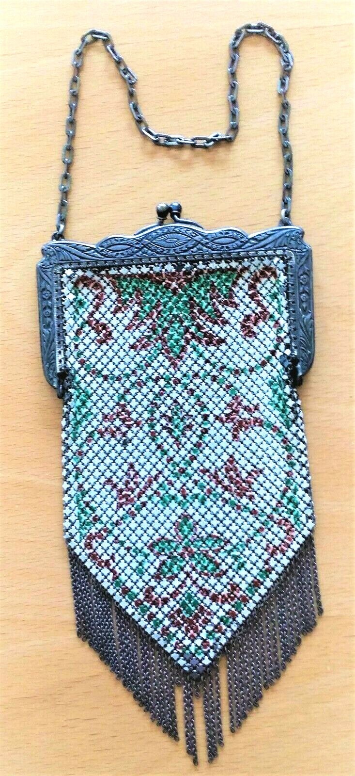 Antique Mandalian Mesh Purse Bag-Flapper-Art Deco-Hand Painted Enameled-Red-Turq