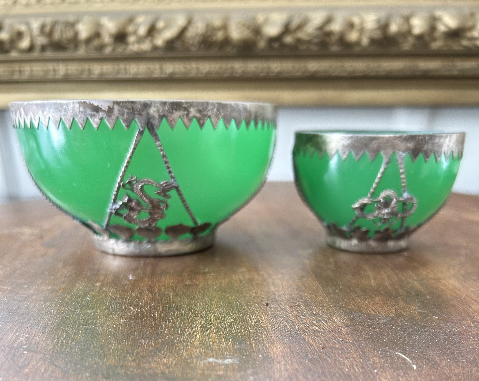 Set of Two Antique Signed Chinese Peking Glass Bowls