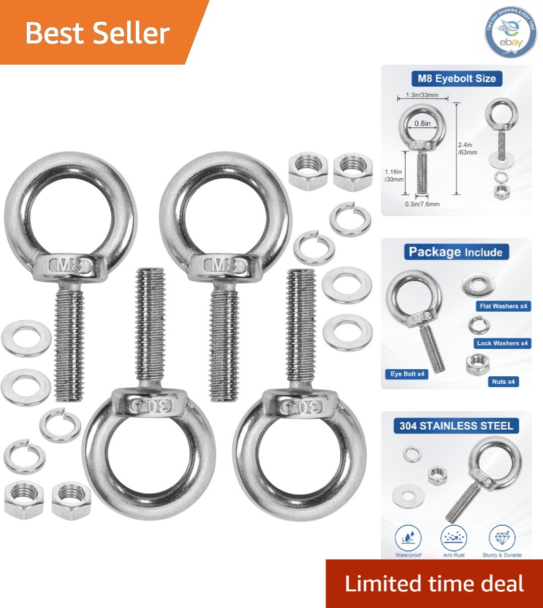 4 Pack M8 Stainless Steel Eye Bolts Set - Durable for Hanging and DIY Projects