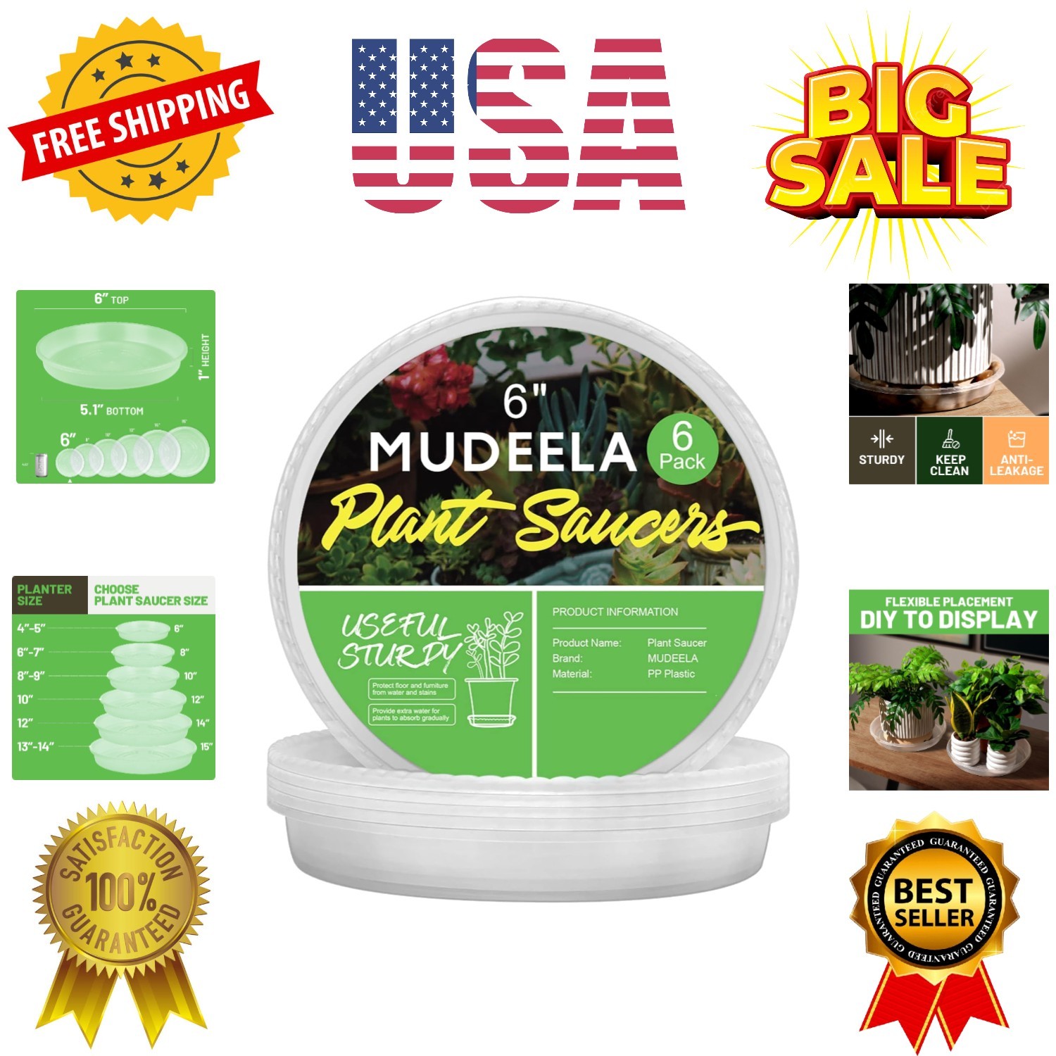 6 Pack of 6 Inches Plant Saucers for Indoor, Durable Plastic Round Plant Tray...