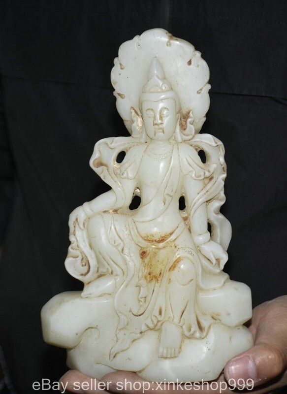 8.4" Chinese dynasty white Jade Carving Free Kwan-yin Guanyin Sculpture statue