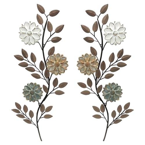 MorningRo 2 Pcs Metal Flower Leaves Wall Art, 15.75 Inch Spring Wall Brown