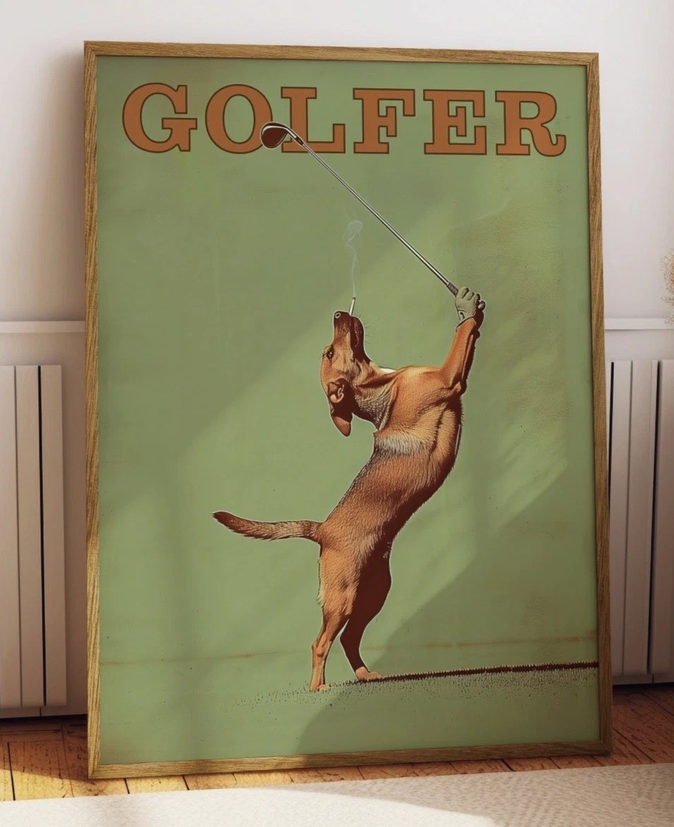 Golfer Dog Funny Vintage Golf Sports Illustration Poster