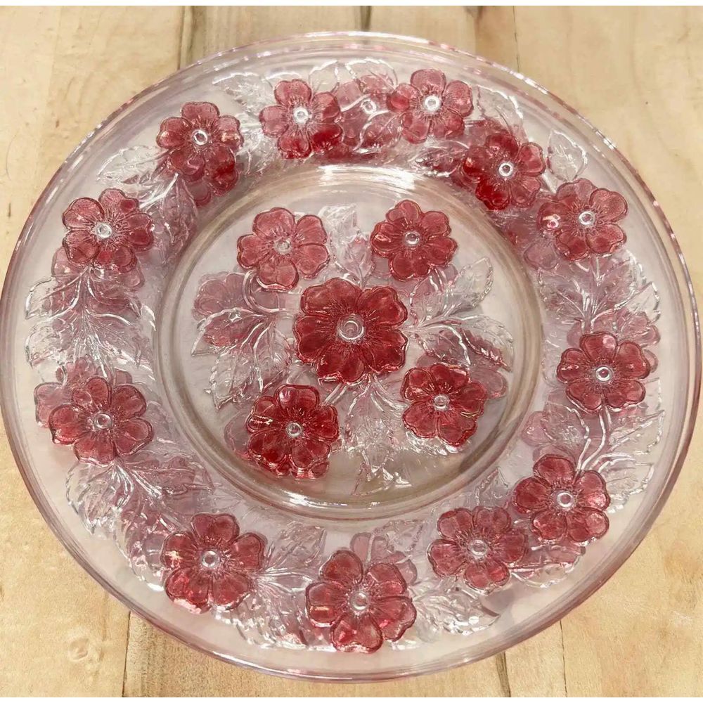 Vintage Reversed Pressed Glass Plates Pink Flowers Lunch Plates 8 1/4"