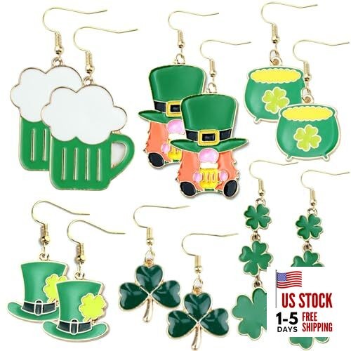 6 Pairs St. Patrick's Day Earrings Cute Funny Alloy Irish Shamrock Dangle 