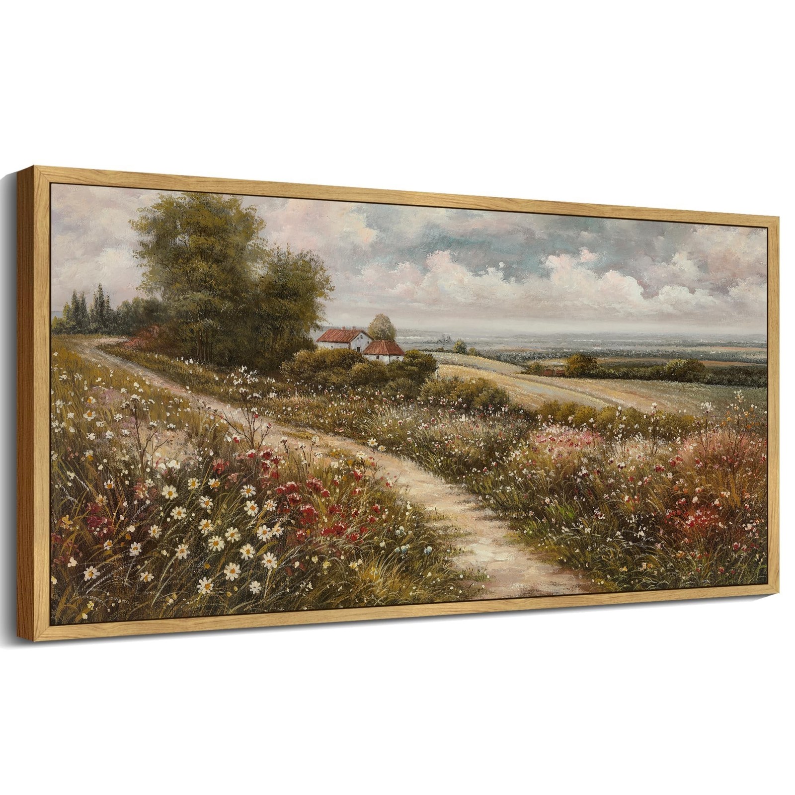 SHENIFY Vintage Landscape Framed Wall Art Rustic Countryside Wildflower Field...