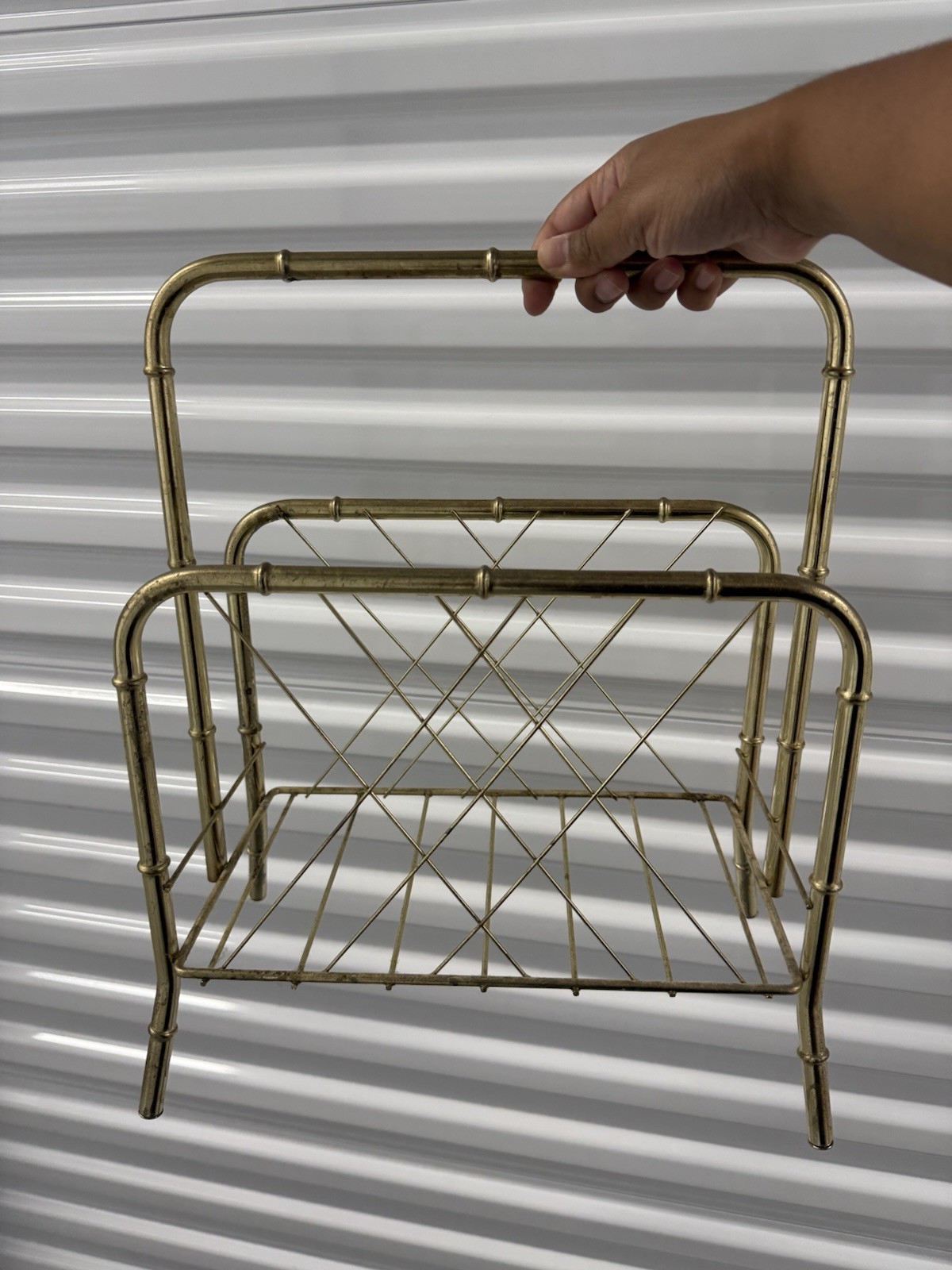 Vintage 1960’s Brass Metal Magazine Rack Fire Wood Stand MCM Atomic