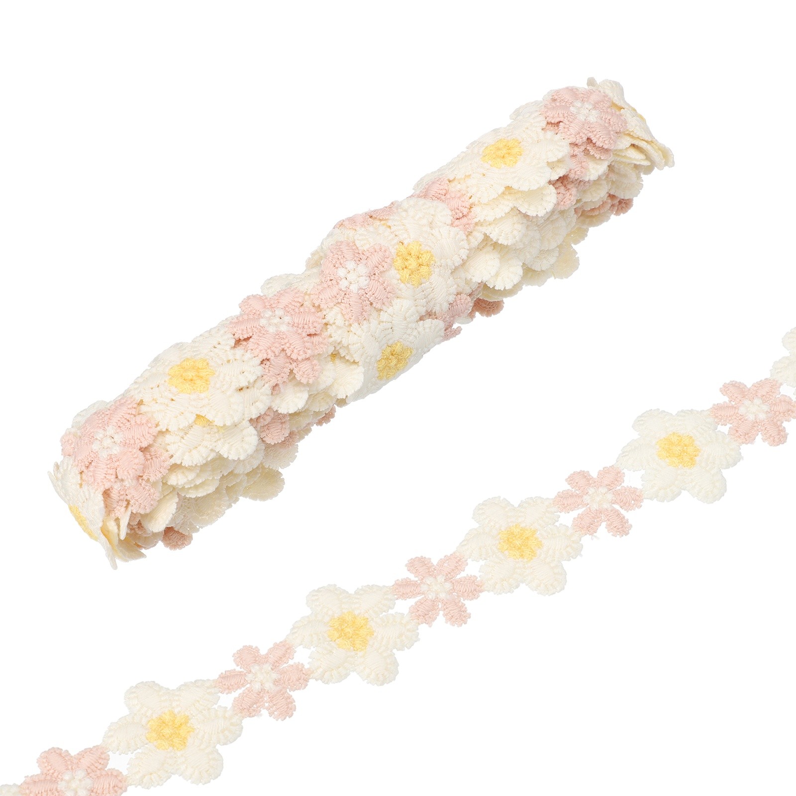 5 Yards 1.4 Inch Wide Delicate Floral Edge Lace Trim, Pink-White-Yellow
