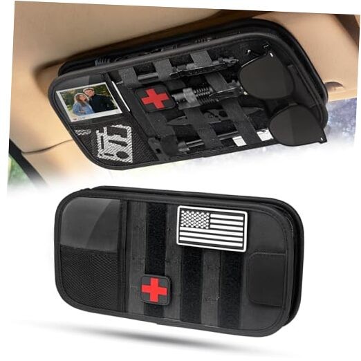 Molle Car Sun Visor Organizer - Tactical Storage Panel with80° Zipper Pouch & 1