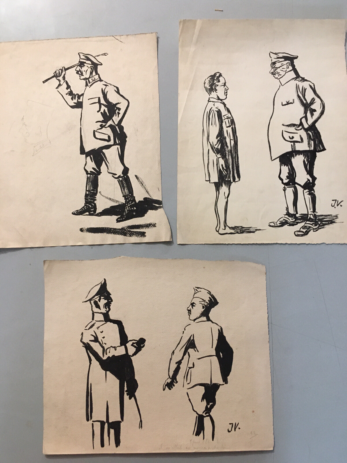 Lot 3 Beau Dessin Encre Sur Papier Portrait Homme Officier Allemand WW1 1920