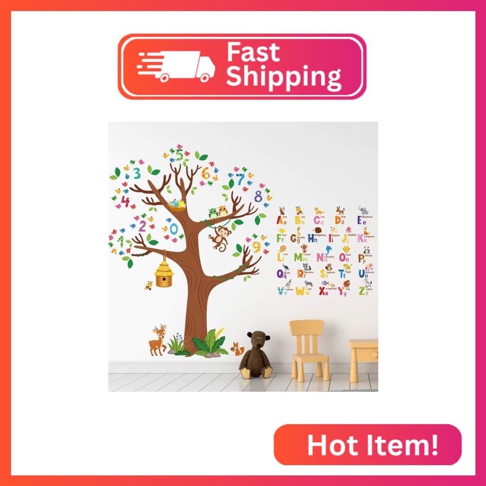 Zonon 3 Sheets Animal Alphabet and Numbers Tree Wall Decals Learning ABC Letters