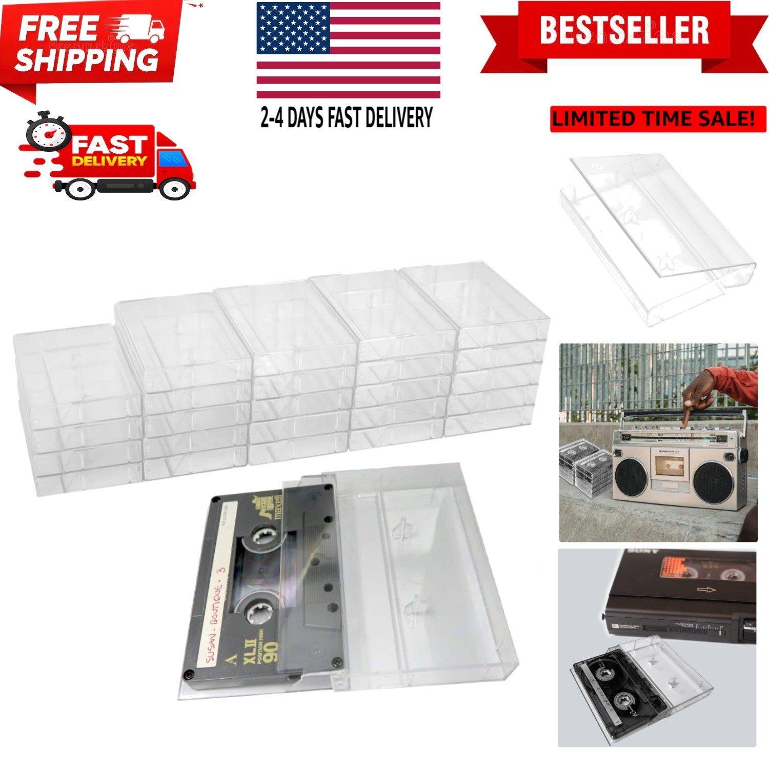 25 Pack Cassette Tape Cases-Clear Plastic Storage-Audio-No Scratch/Dirt