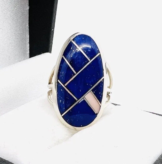 Sterling Silver Inlaid Mosaic Lapis Lazuli & Shell Ring Size 4.5 Vintage Jewelry