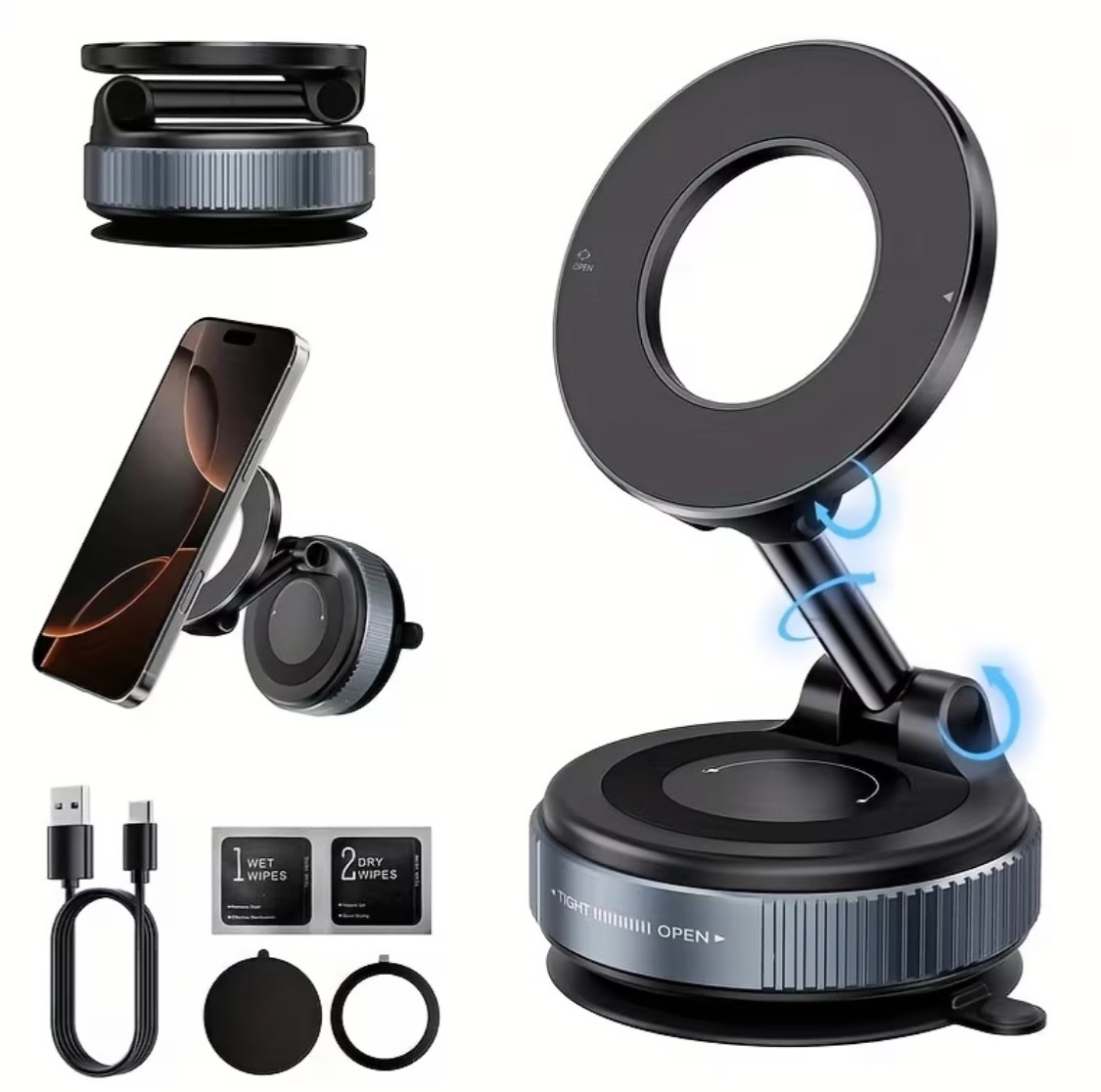 Magnetic Phone Holder, Power-Free Version 360° Rotatable, Foldable & Vacuum Suct