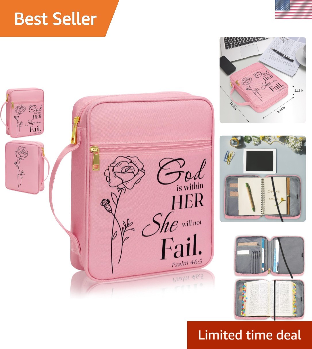 Pink-rose Bible Holder for Women - Durable & Water-Resistant with Pocket Storage