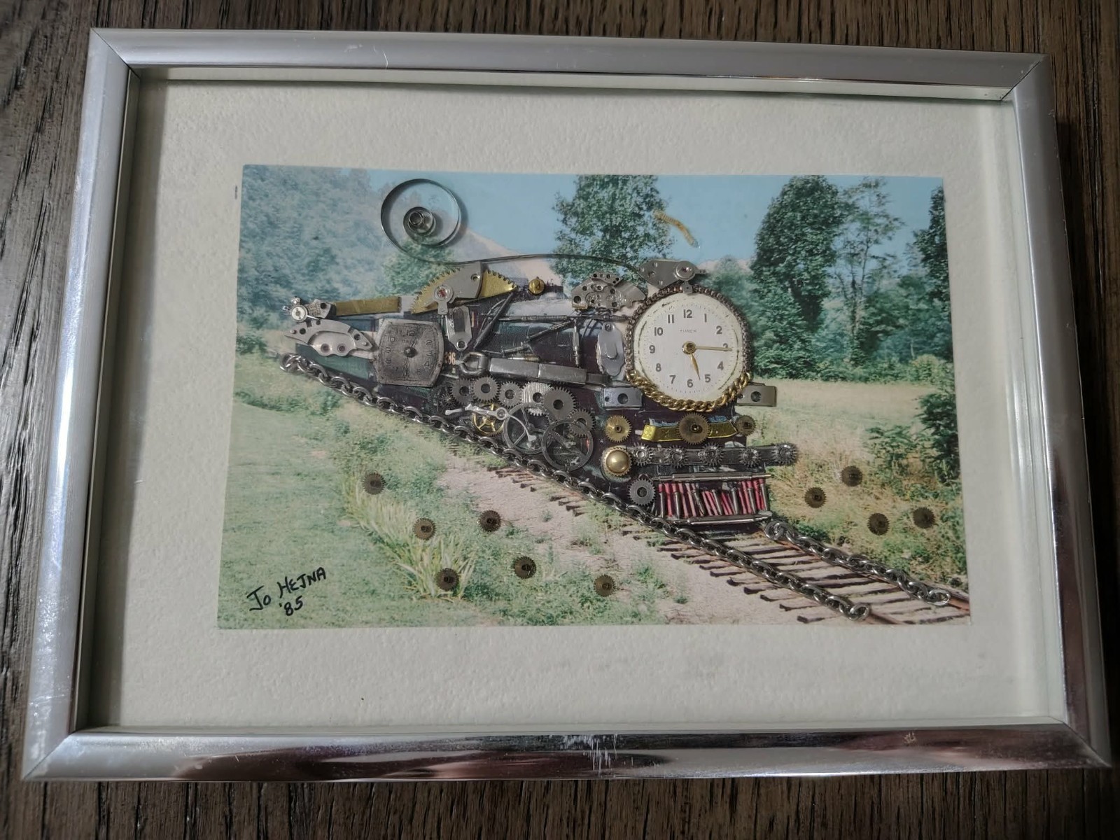 Mixed Media Steampunk Train Art – Watch & Clock Parts – Signed 1985 Jo Hejna 4x6