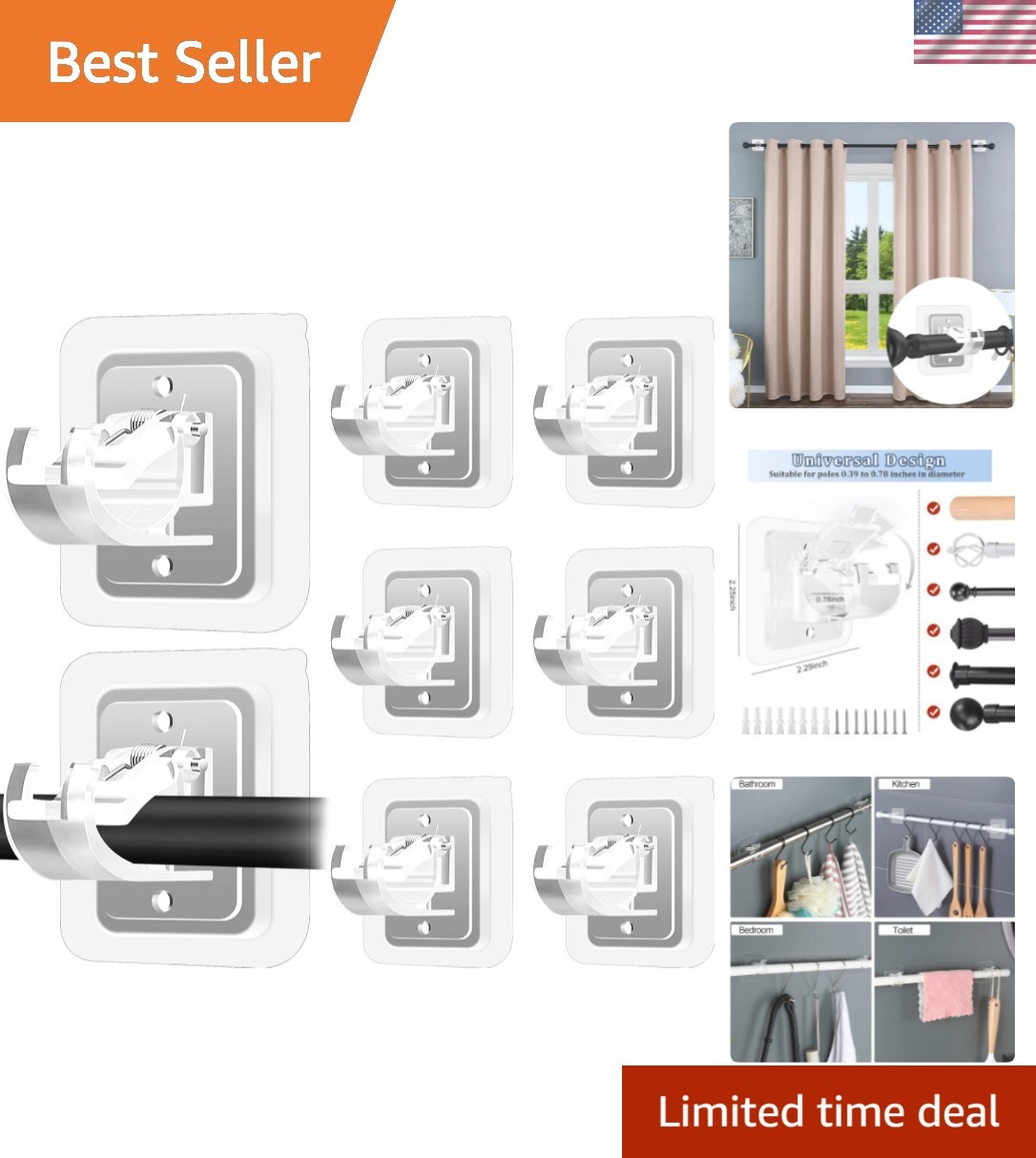 Self Adhesive No Drill Adjustable Curtain Rod Holder Hooks Brackets, Nail Fre...