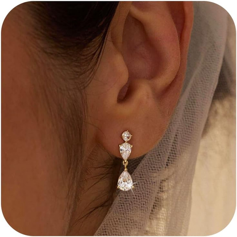 Gold Dangle Earrings for Women,Dainty 14K Gold Plated Pearl Drop Earring Stud We