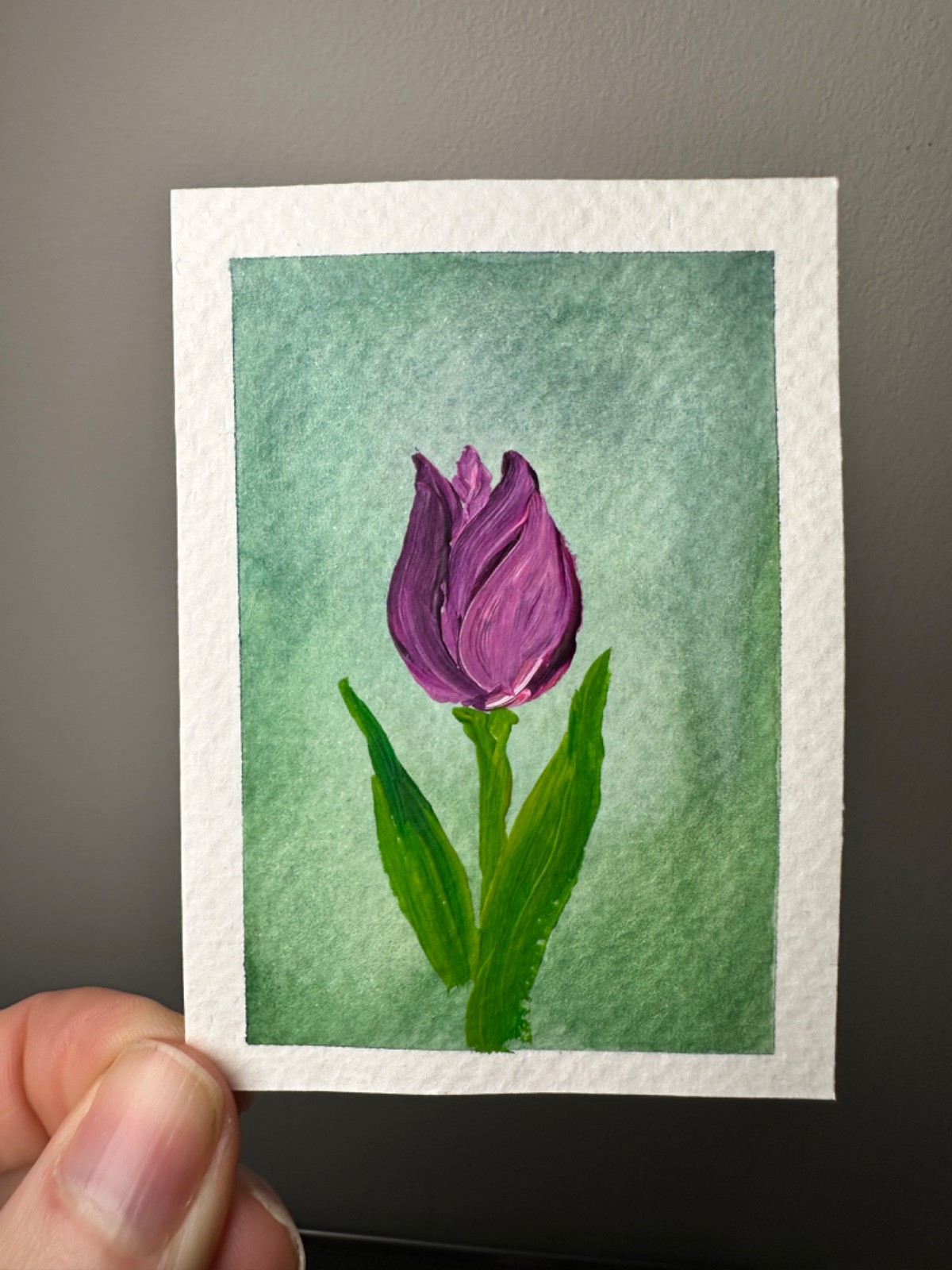 ACEO Original Tulip Flower Purple and Green Springtime Acrylic by YParishStudio