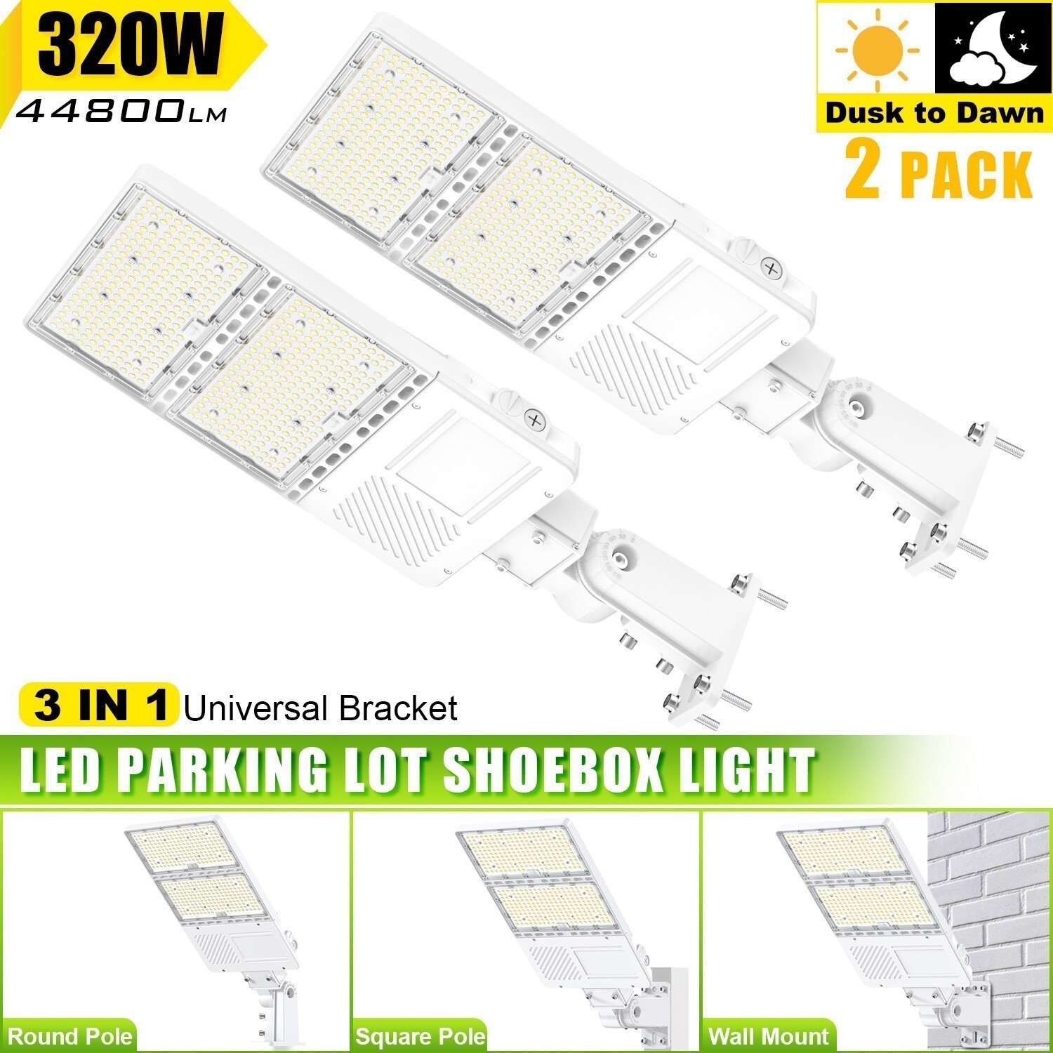 2 Pack 320W LED Shoebox Light Parking Lot Street 1200W MH HID Equival Slip & Arm